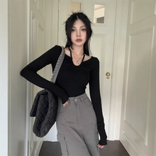 纯欲风V领挂脖长袖打底衫女秋冬装外穿内搭修身显瘦锁骨上衣ins