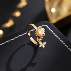 高版本真金電鍍 浪漫高顏值法式小香風炫彩山茶花蝴蝶戒指