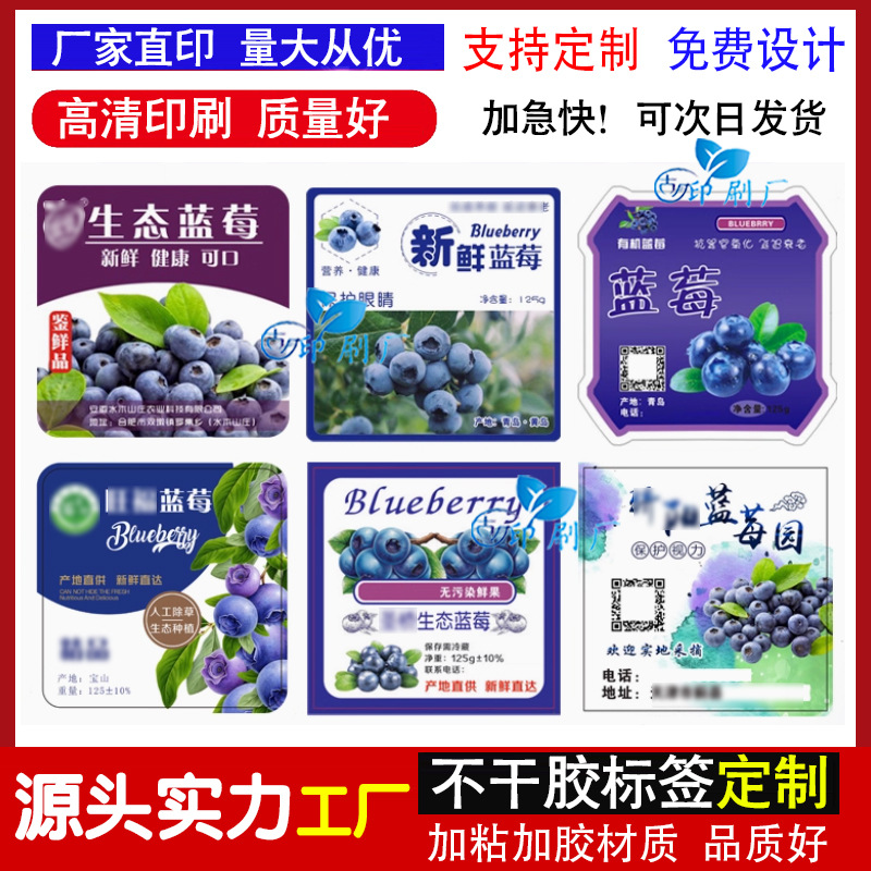 做定设计125克蓝莓塑料盒贴贴纸 蓝莓不干胶标签冬枣脐橙水果商标