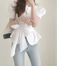 韩国官网夏季新款chic圆领泡泡袖绑带收腰衬衣上衣女生时尚衬衫