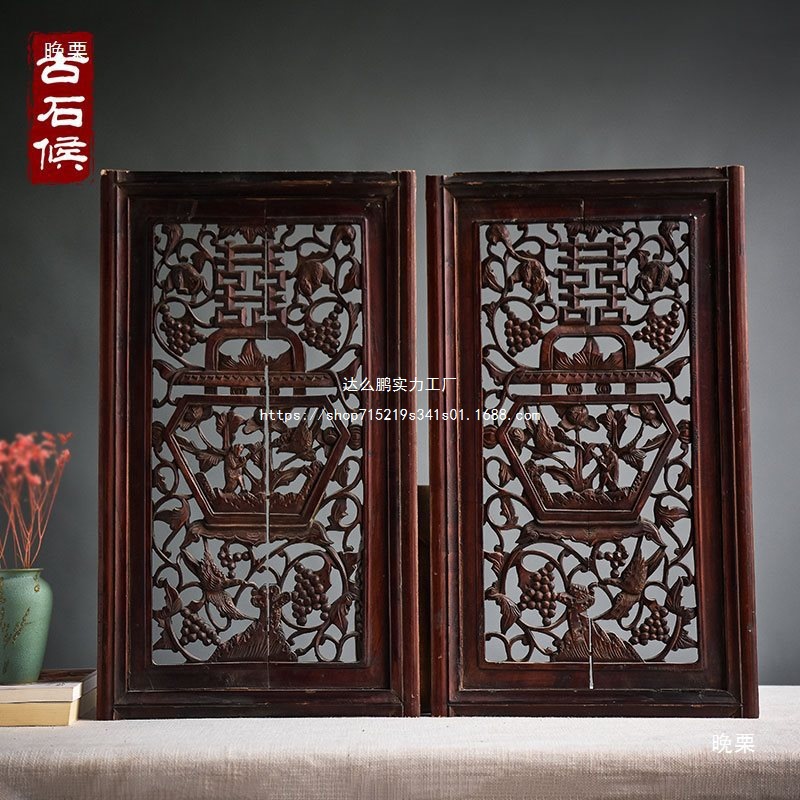 实木雕花老木板明清复古手工花板摆件古典民俗壁挂麒麟装饰花格窗