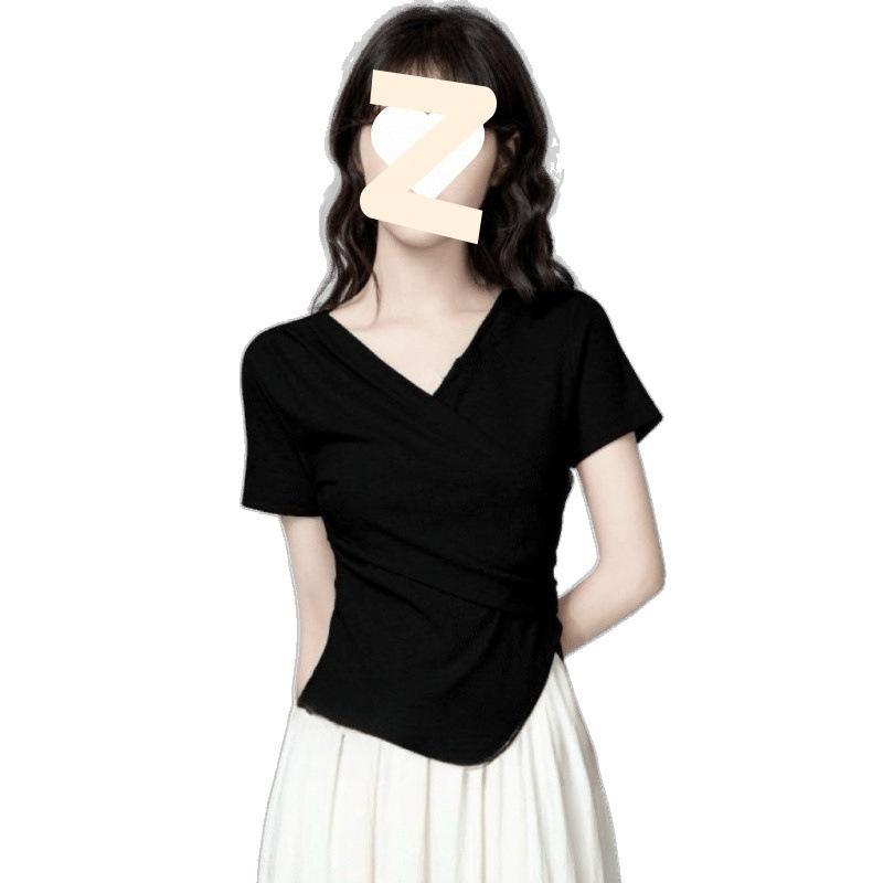 グリーンカラー半袖シャツ女性の夏の新しいスタイル不規則なクロスウエスト痩身右肩Tシャツショートトップ|undefined