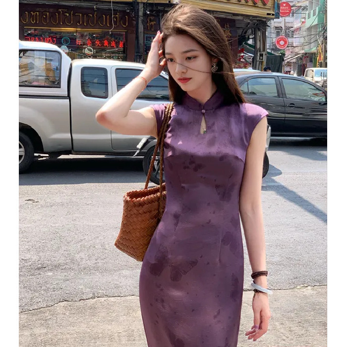 Hibiscus'Purple Satin Improved Cheongsam Women's 2025 Spring and Summer Beautiful Slim New Chinese Style Butterfly Waist Dress