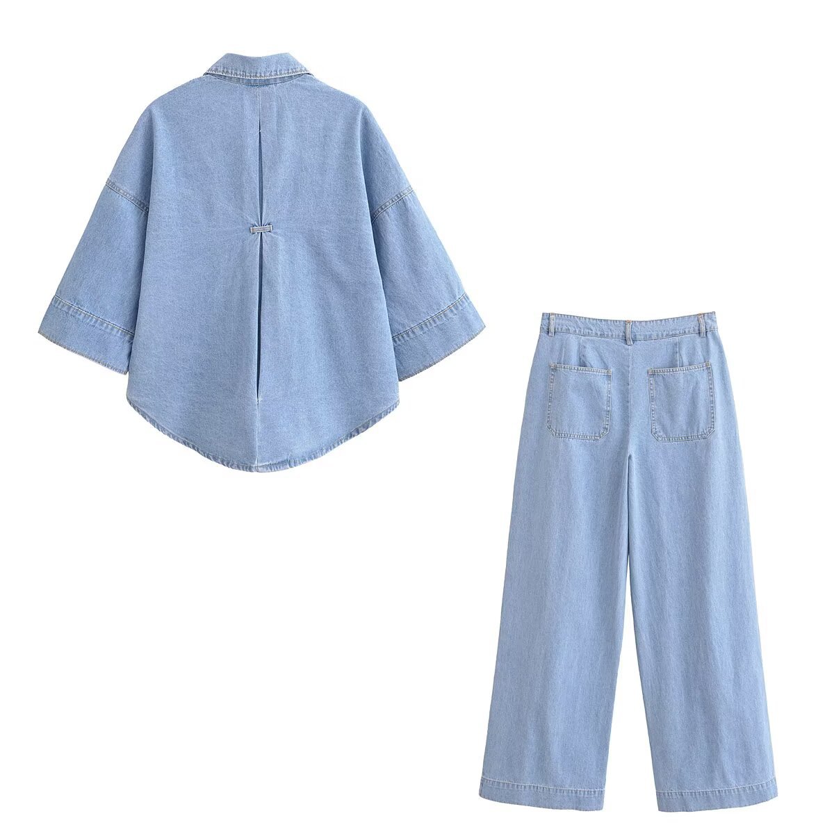 Women's Casual Denim Shirt And Pants Set Wide Sleeve Top with Relaxed Fit Jeans Korean Inspired Outfit for Spring_ecoleips.com