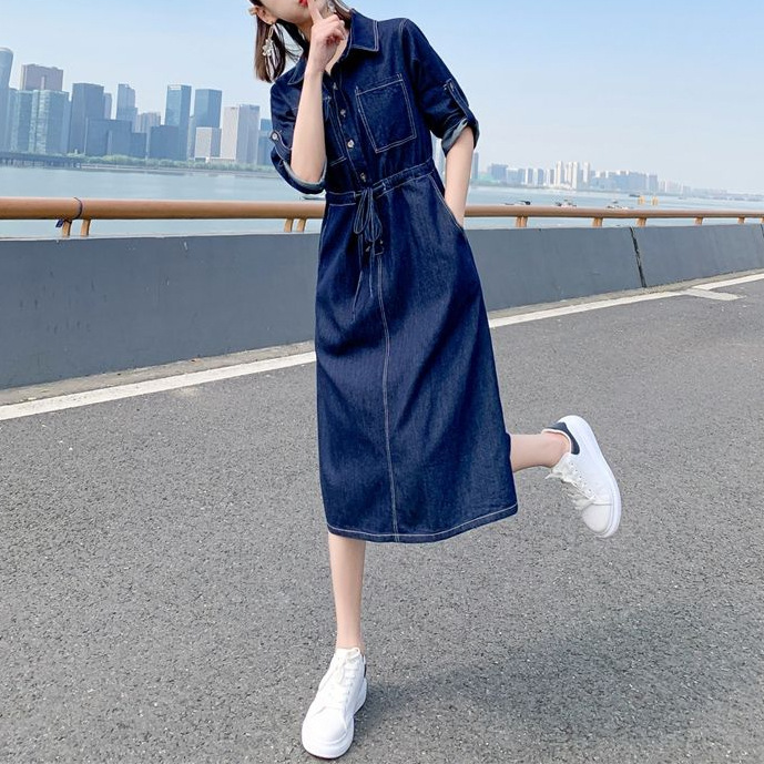 Denim Dress for Women 2025 Spring and Autum Extended Version Waist Slimming Look Elegant Fashionable Knee-Length Denim Dress