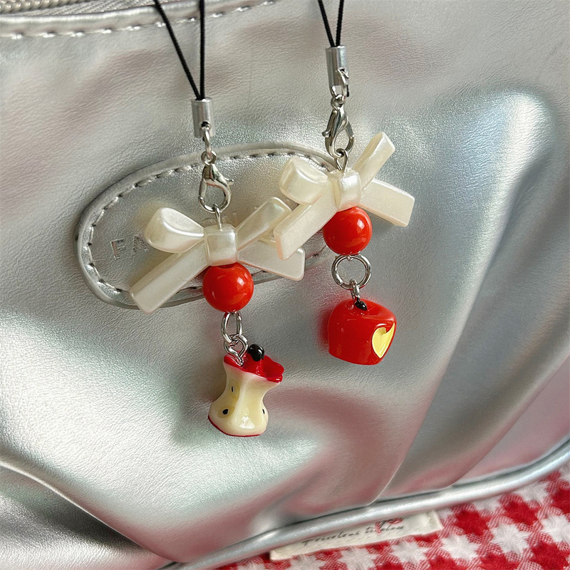 Mini Apple Core Beaded Pendant Cute Bow Mobile Phone Chain Girl's Heart Sweet Red Love Apple Hanging Ornaments