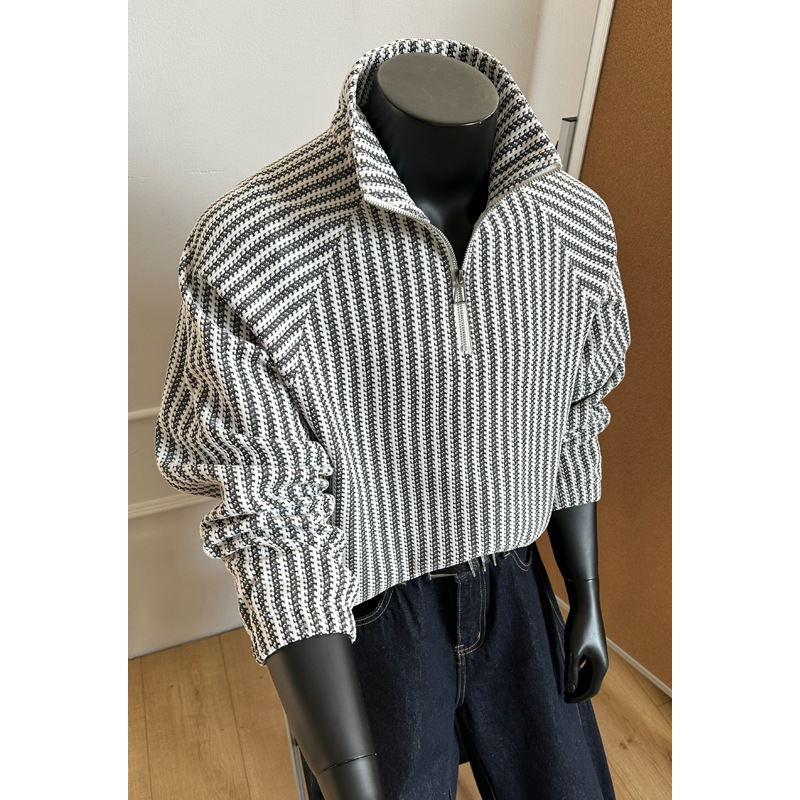 Gray American-style Straight-shoulder Half-zip Long-sleeve T-shirt For Men, Spring High-street Boxy Short Sweatshirt,_voghion.com