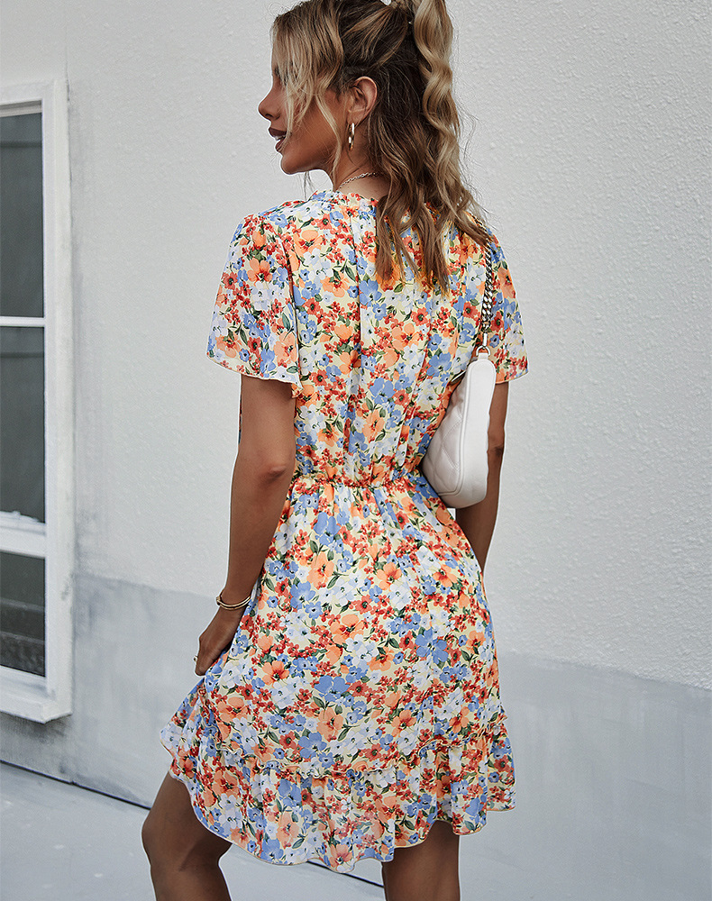 Short-Sleeved Floral Print A-Line Dress NSDY100536