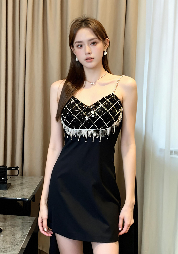 Đầm dự tiệc sinh nhật nữ dây đeo thắt lưng đính đá kim cương — Màu đen chi tiết 1