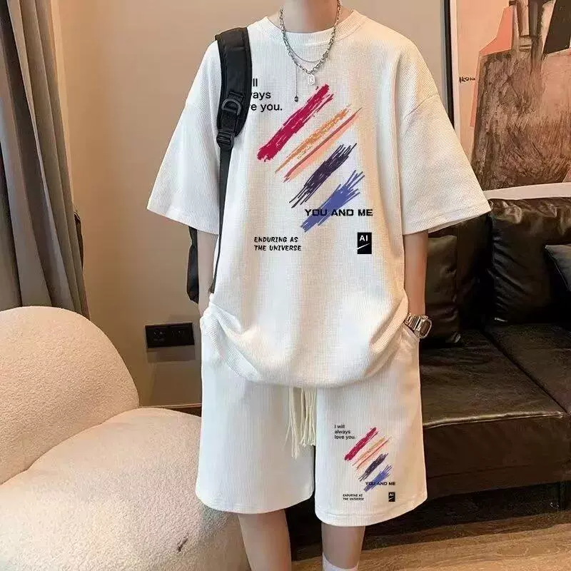 华夫格男士夏季套装短袖T恤短裤搭配两件套潮牌休闲运动服潮流款