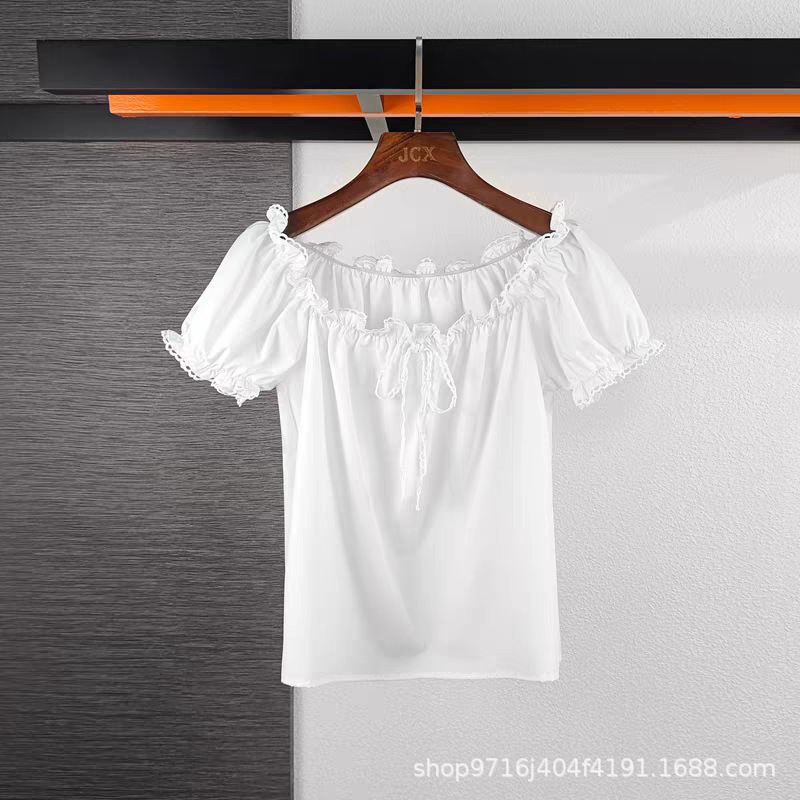 The Story of the Rose Liu Yifei and Huang Yimei's Same Style White Short-Sleeved Shirt for Women, French Square Collar Lace Top The Story of the Rose Liu Yifei and Huang Yimei's Same Style White Short-Sleeved Shirt for Women, French Square Collar Lace Top