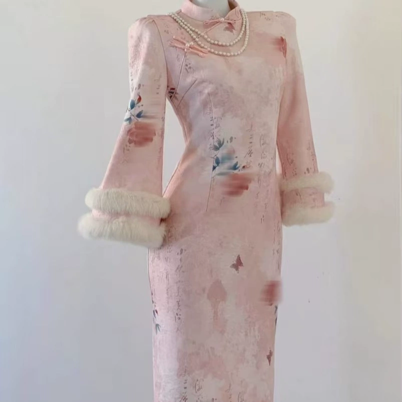 8731 # Нежный национальный стиль композитный бархатный рукав Cheongsam девятипозиционный рукав осенний и зимний темперамент