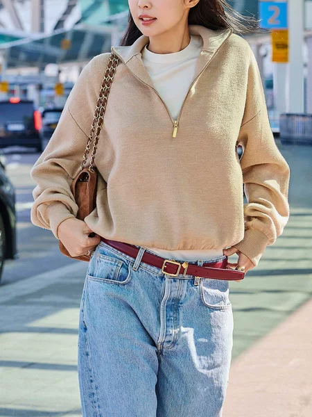 Chanel-Style 26 Early Spring New Half-Zip Knit Sweater, Runway Model Long-Sleeve Half-Turtleneck Wool Sweater for Women