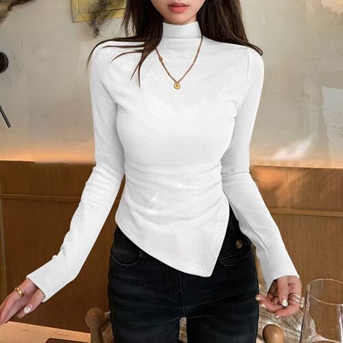 DeRong Women's Autumn/Winter Irregular, Niche-Style, Off-Shoulder, Slim-Fit Long-Sleeve T-Shirt with Half-Turtleneck Base Layer