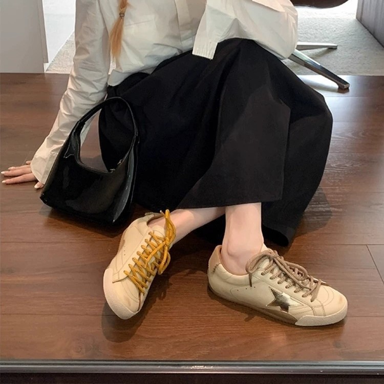 复古做旧星星脏脏鞋厚底休闲小白鞋女2026新款拼色系带德训鞋板鞋