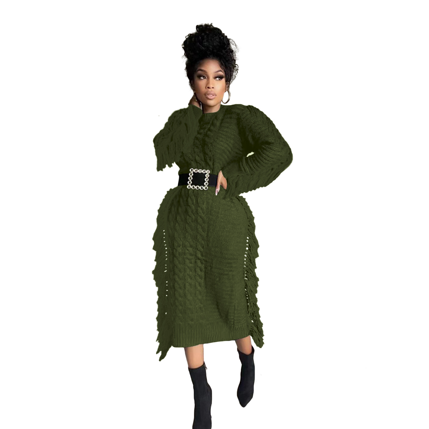 Robe pull femme avec franges longues en maille pour l'hiver_voghion.com