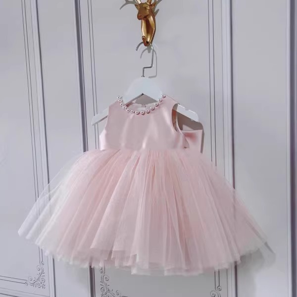 Pearl-embellished Princess Birthday With Neckline, Flower Girl, Little Host, Piano Recital, Girls' Tulle Puffy Dress_voghion.com