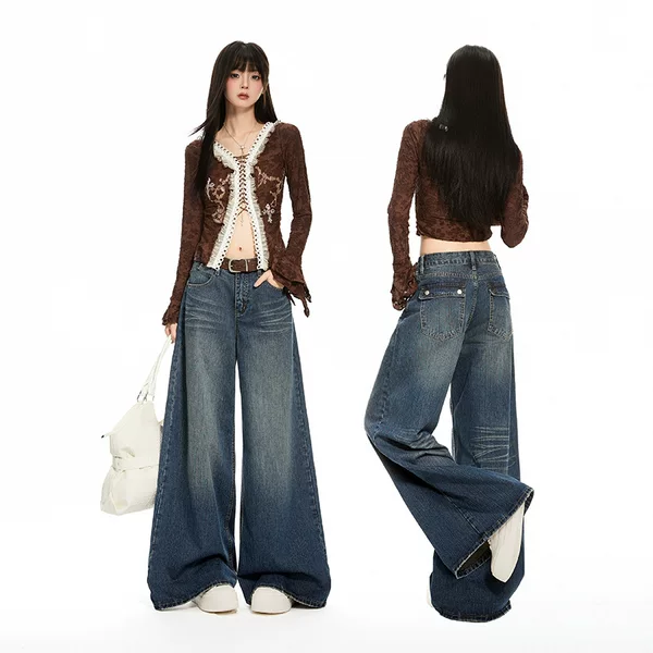 American retro style hot girl bamboo pattern wide-leg jeans, new versatile loose-fitting floor-length pants