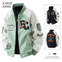 麂皮绒棒球服外套男青少年大码拼色徽章绣花野营登山服飞行夹克