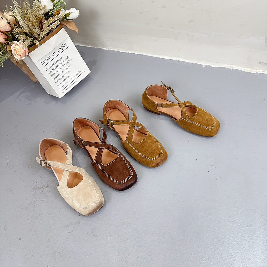 Solid color low leather sandals square toe low-cut
