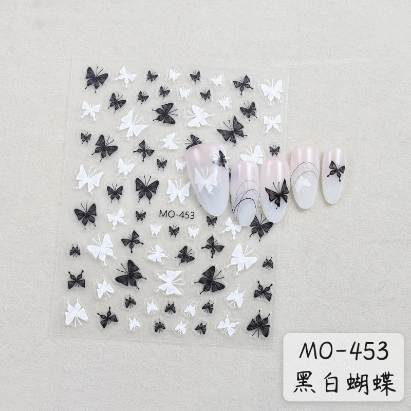 青い手描きの蝶のネイルシールの新しいレトロな白黒の枯叶の蝶の爪の装饰の商品の网の赤い爪のステッカー|undefined