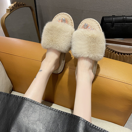 Amazon Slippers Winter Large Fur Solid Color Fashion Slippers Indoor Warm Home Furry Slippers Women's Foreign Trade