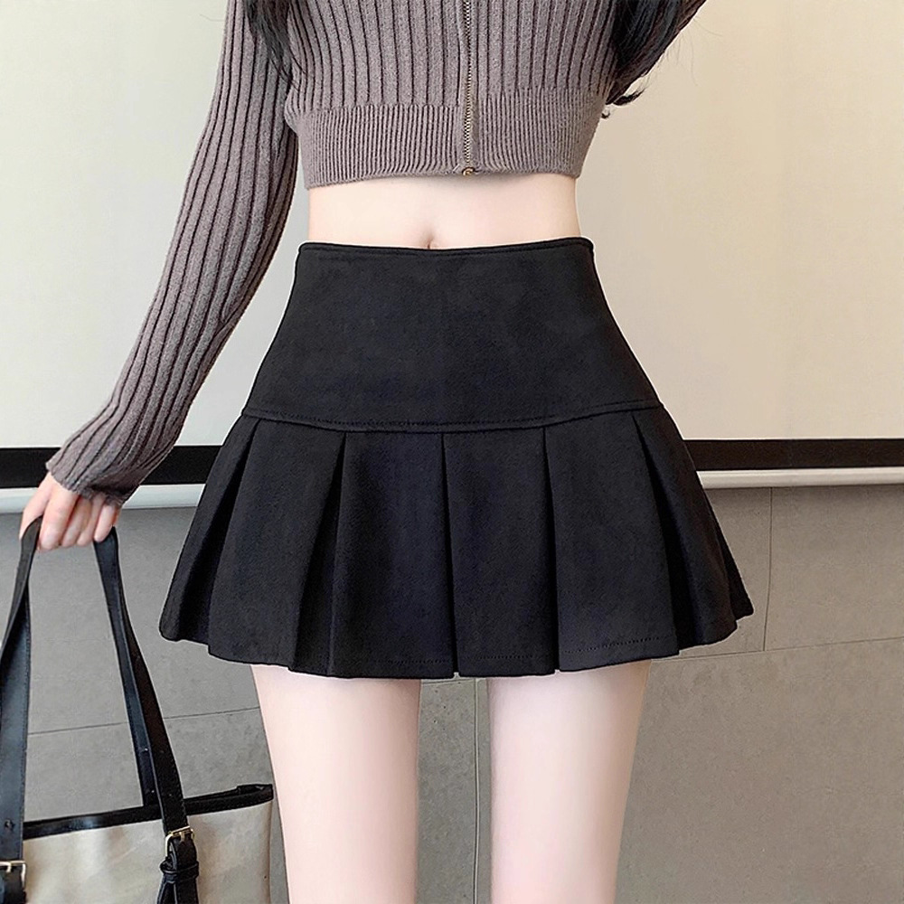 黑色鹿皮绒百褶半身裙女秋冬高腰显瘦小皮裙休闲防走光a字短裙裤