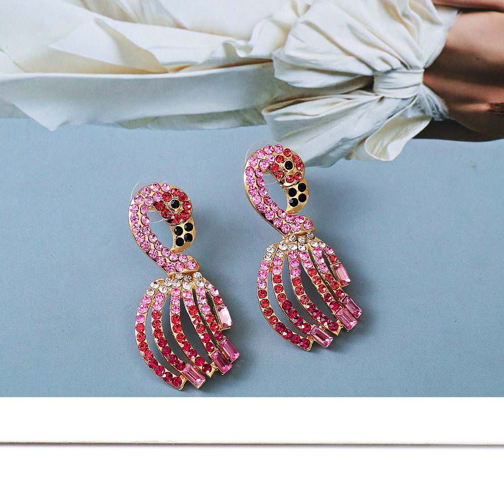 Fashion Creative New Pink Girl Flamingo Full Rhinestone Ornament Alloy Earrings display picture 4