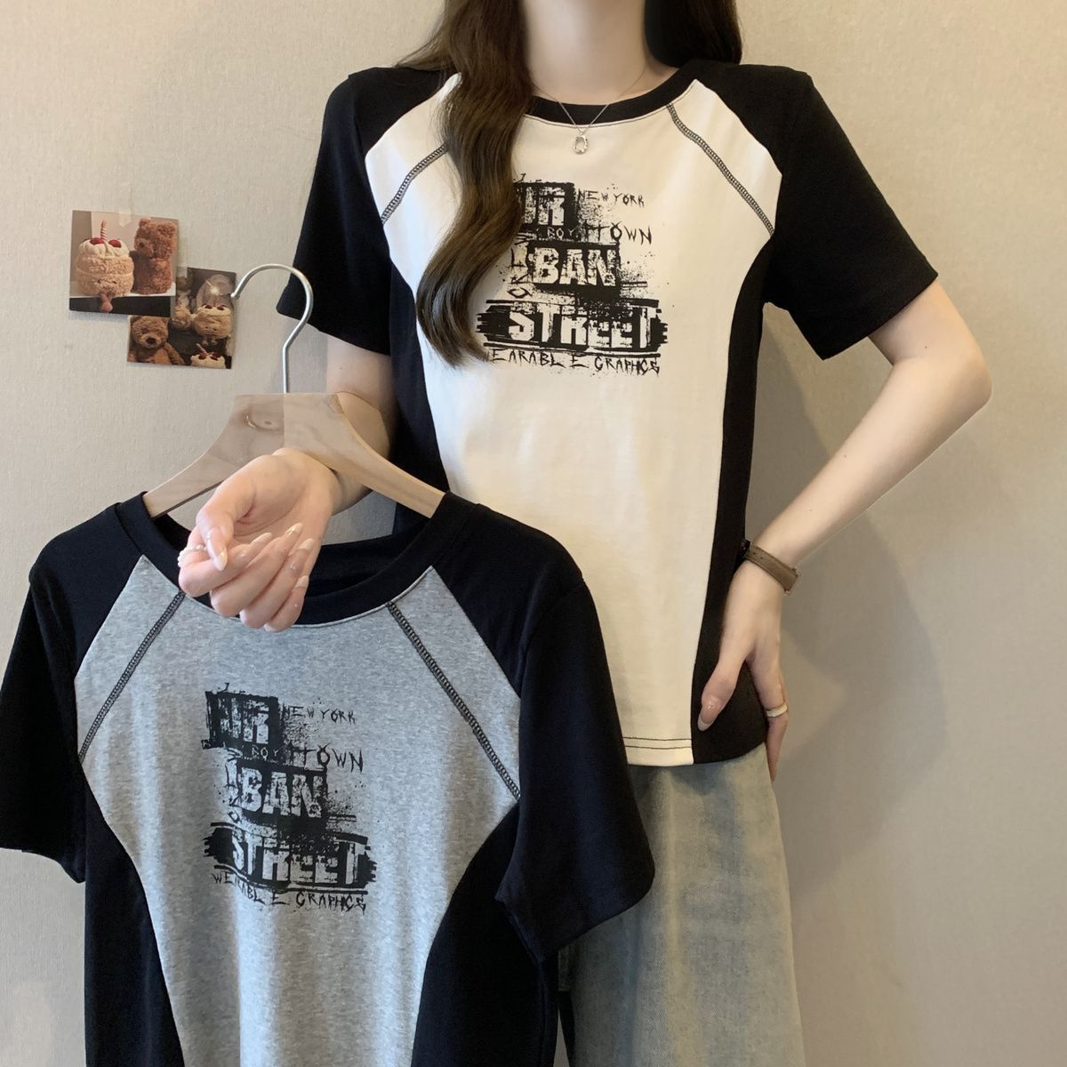 Camiseta de manga corta de color de contraste de costura de mm de gran tamaño para mujer verano 2024 nuevo estilo suelto que cubre el vientre para mostrar letras delgadas para mujer image 5