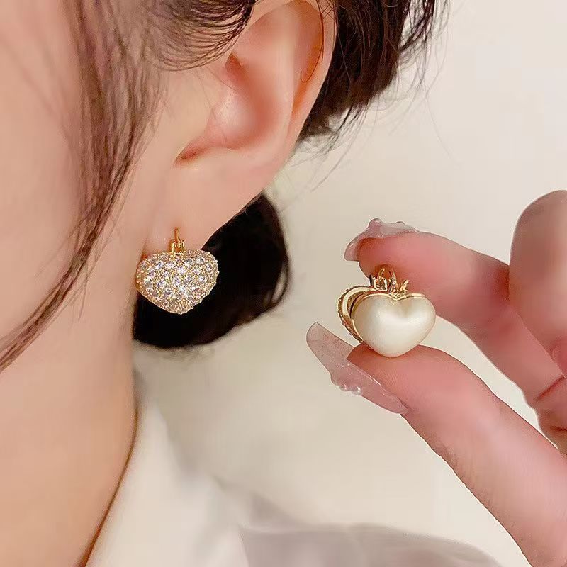 微镶锆石爱心珍珠双面耳扣女网红法式爆款气质高级感满钻耳钉轻奢|undefined