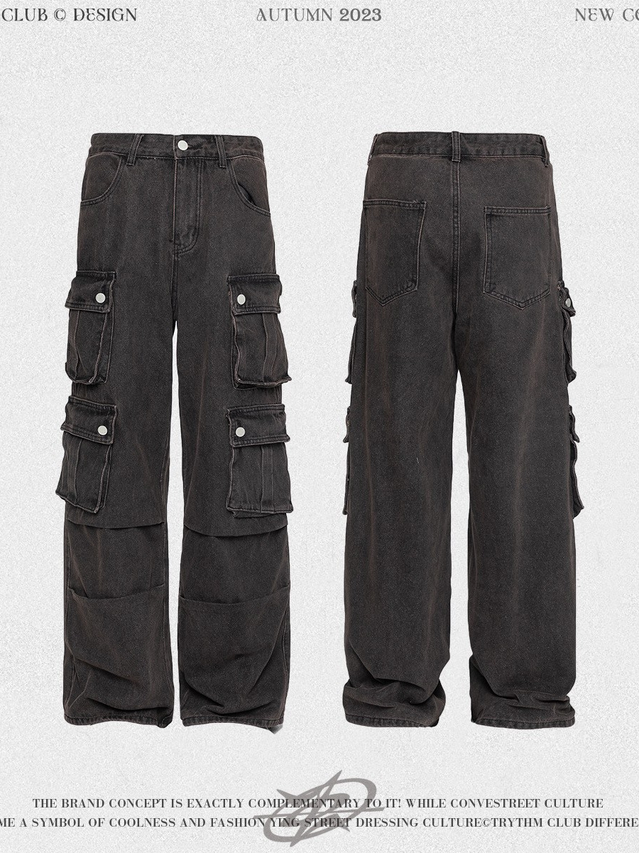 WHOOWAP American washed jeans vintage de pierna ancha recta azul pantalones sueltos multibolsillos