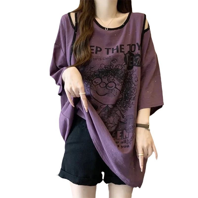 Camiseta de manga corta de longitud media sin tirantes de gran tamaño para mujer verano nuevo estilo suelto y delgado diseño elegante brillante top image 6