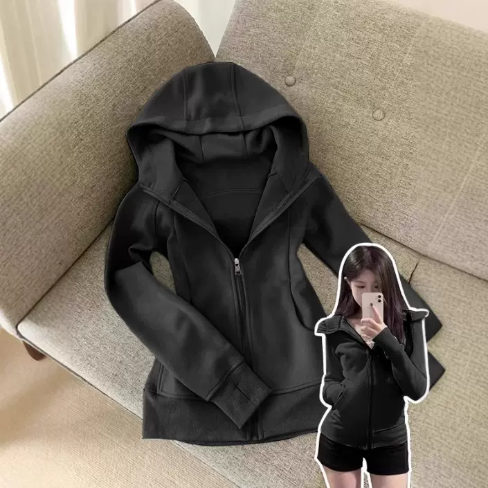 黑色秋冬季修身连帽收腰卫衣外套女紧身韩系正肩上衣冬天穿搭短款