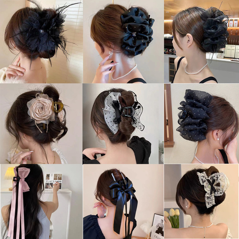 south korea graceful bow mesh large shark clip high-grade rhinestone inlaid hair clip female back head grip