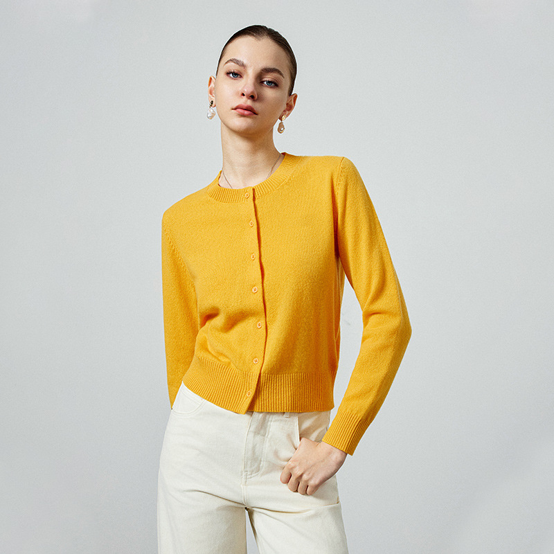 2026 Early Spring New Style Round Neck Long-Sleeved Knitted Cardigan for Women, High-End, Loose, Slimming, Soft and Waxy Yellow Wool Sweater