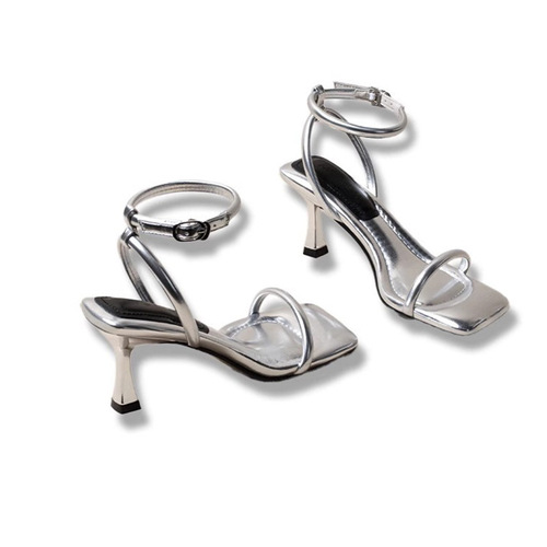 Silver High Heels for Women, Slim Heel, 2024 Summer New Arrival, Suitable with Skirts, French One Strap Roman Sandals for Women, Suede Texture