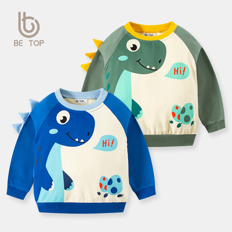 Ser la mejor ropa para niños 2024 Primavera y otoño nuevos niños de dibujos animados dinosaurio suéter de manga larga contraste color cuello redondo moda