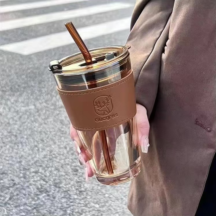 ストロー付きガラスコップ高颜値コーヒーカップ革カバー付きグレー鹿双飲オープンプレゼント印刷ロゴ|undefined