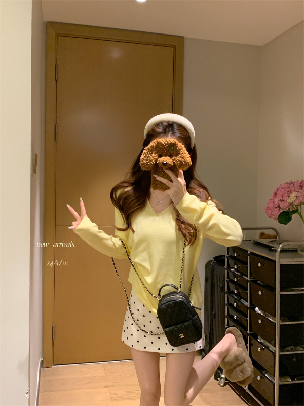 春秋冬季2025新款韩版长袖V领套头内搭打底针织衫女宽松毛衣上衣|undefined