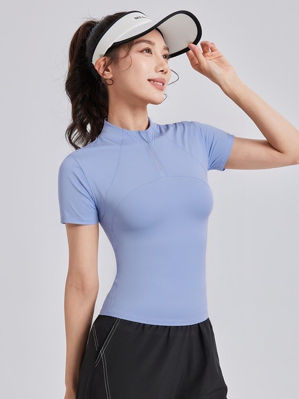 ヌード肌に優しいヨガトップアウトドアランニング速乾ヨガ半袖Tシャツハーフジッパースリム高弾性フィットネスウェア|undefined