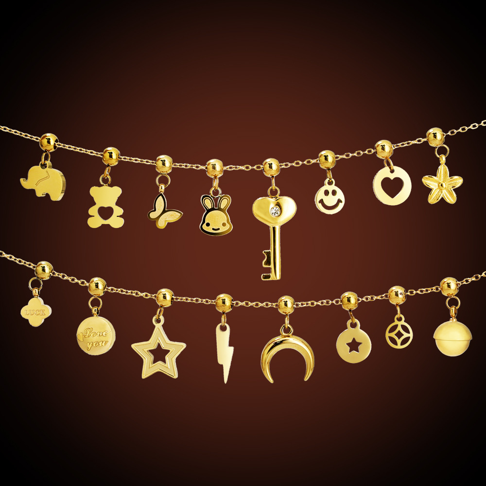 Stainless Steel Positioning Beads DIY Pendant Single Pendant Small Elephant Rabbit Heart Key Bell Pull-Out Necklace Accessories