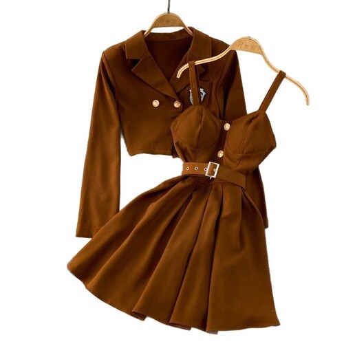 Plus Size Women's Spring Set 2025 Korean Style Fashion Outerwear, Slimming Tank Top Dress Two-Piece Set Trendy