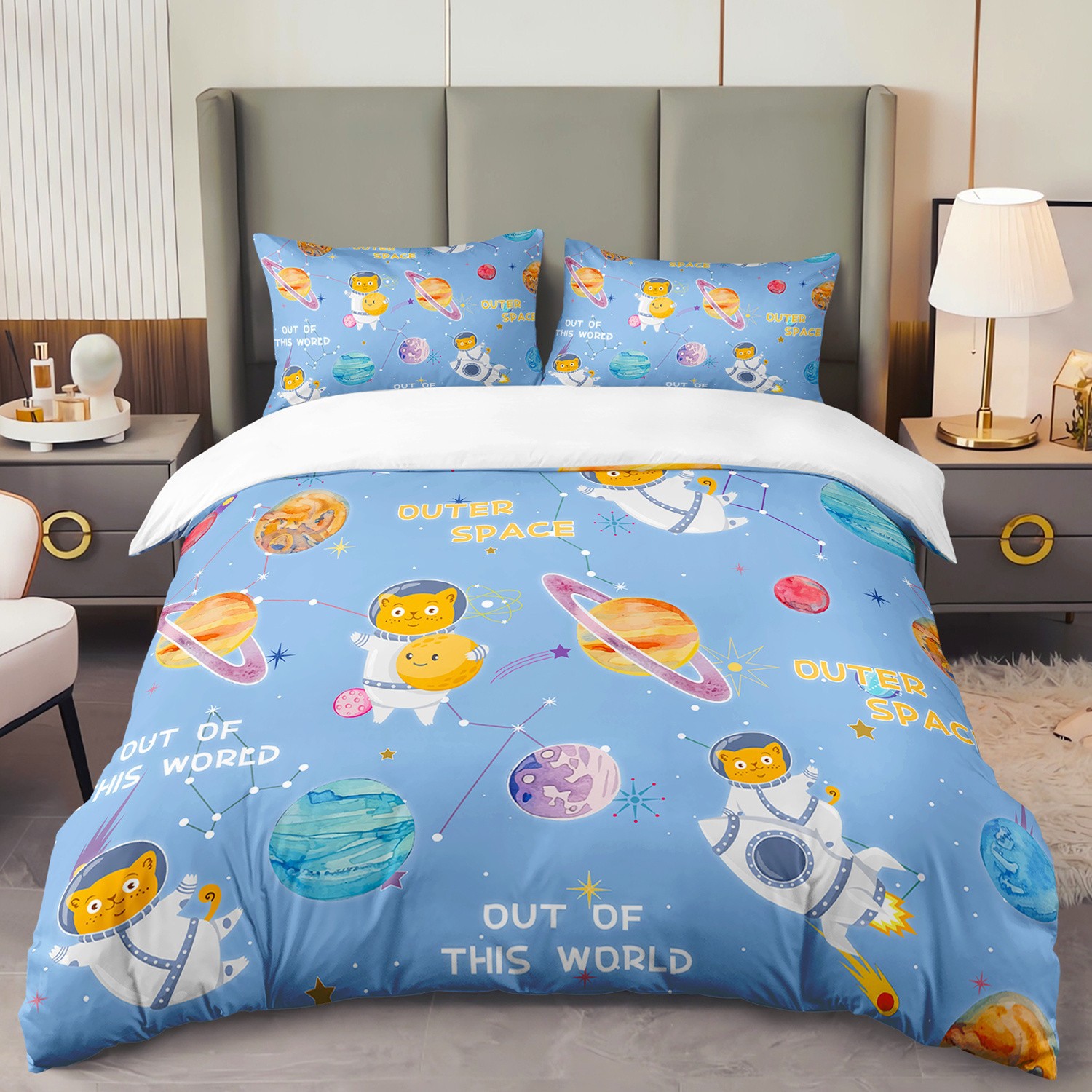 Cartoon Astronaut Digital Printed Edredon Kit Textile Transpirable Transfronterizo Fuente TEMU / JIT