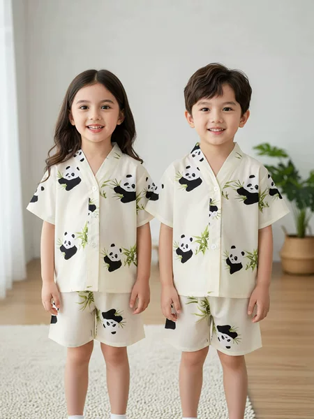 Summer Children's Short-Sleeve Pajamas Cotton Silk Boys Girls Cotton Silk Baby Air-Conditioned Home Wear Set Thin Panda Design