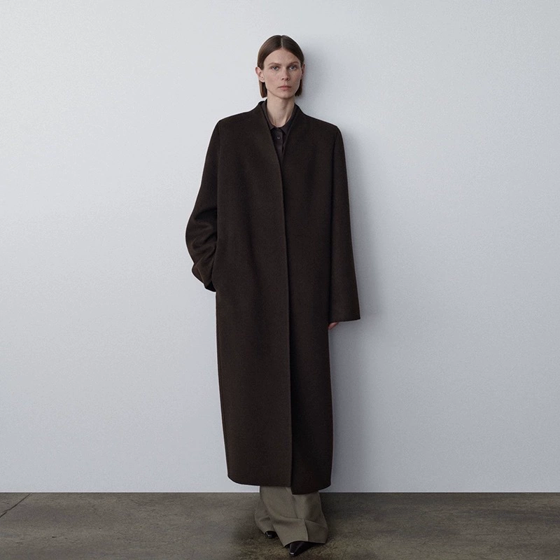 TH ~ ROW 2025 весенне-осенняя ветровка из кашемировой шерсти, универсальное повседневное двустороннее шерстяное пальто выше колена с v-образным вырезом и скрытыми пуговицами