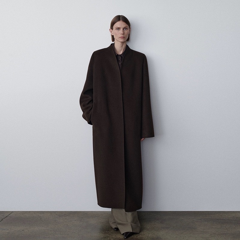 Th~ Row 2026 Spring and Autumn Cashmere Wool Trench Coat Versatile Over-The-Knee V-Neck Casual Hidden Button Double-Sided Woolen Coat Th~ Row 2026 Spring and Autumn Cashmere Wool Trench Coat Versatile Over-The-Knee V-Neck Casual Hidden Button Double-Sided Woolen Coat