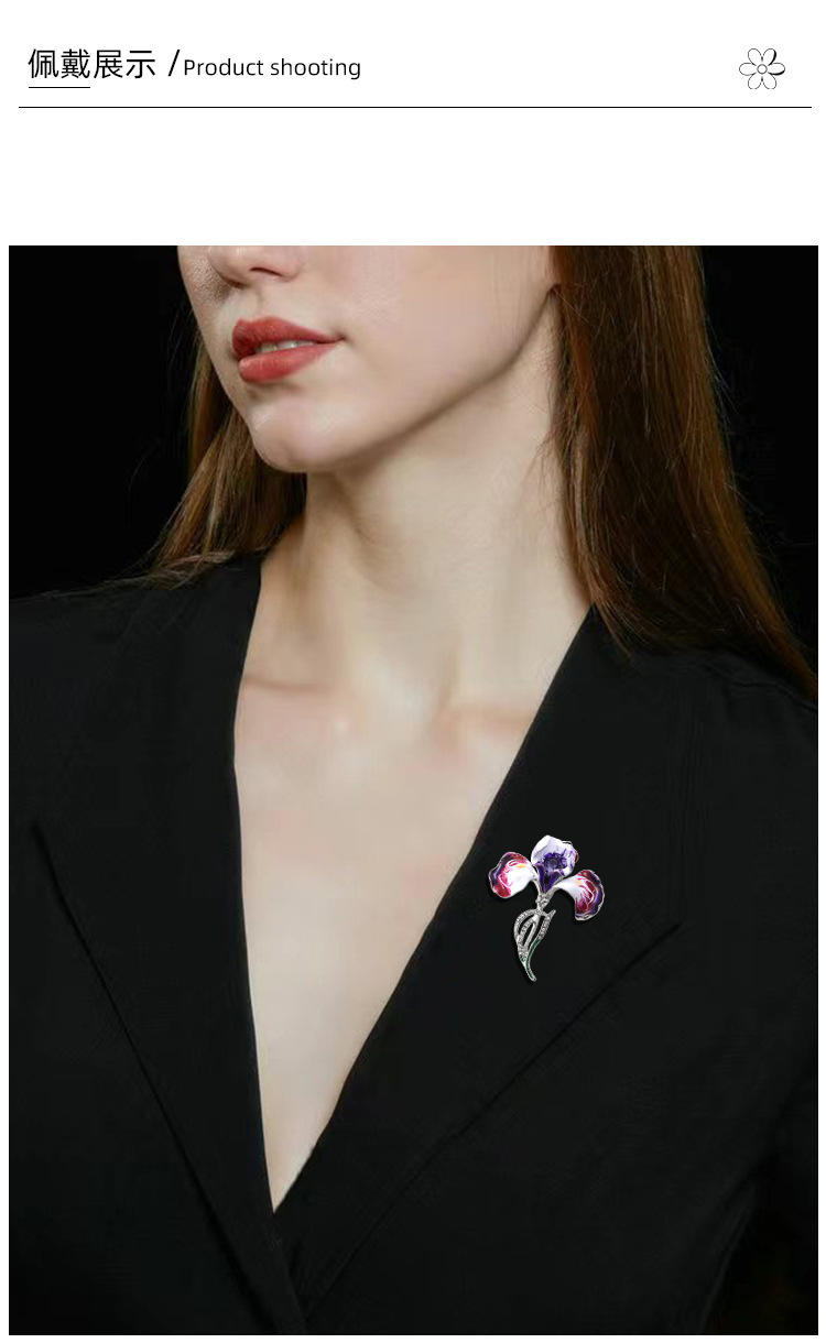 Retro Chinese-Style Iris Flower Brooch with Enamel and Oil-Drip Rhinestones, Elegant Floral Brooch, Suit Jacket Accessory