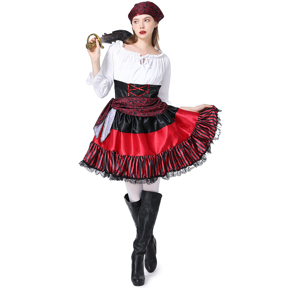 万圣节服装 亚马逊新品成人女海盗cosplay表演服红色条纹蕾丝海盗
