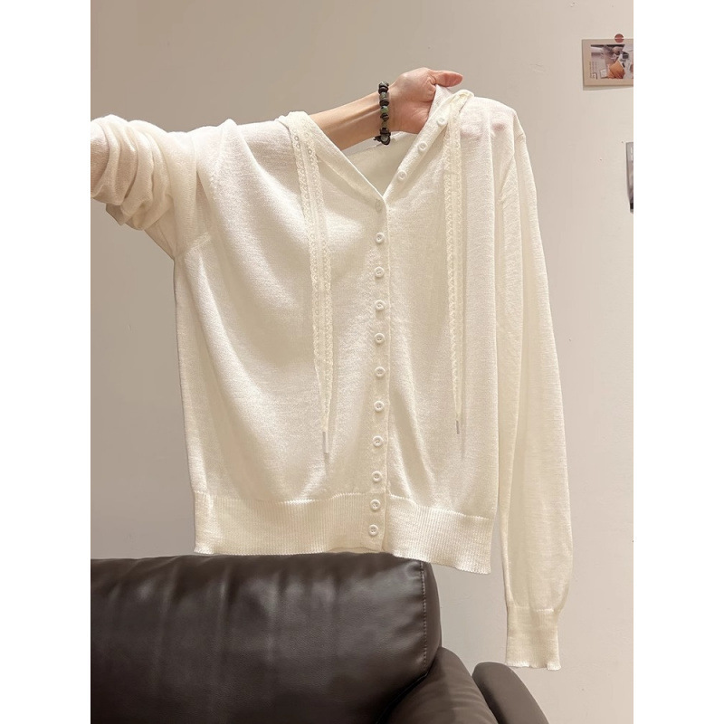 White Hooded Slightly See-Through Sun Protection Knitted Cardigan for Women 2025 Summer New Single-Breasted Loose Thin Jacket Top White Hooded Slightly See-Through Sun Protection Knitted Cardigan for Women 2025 Summer New Single-Breasted Loose Thin Jacket Top