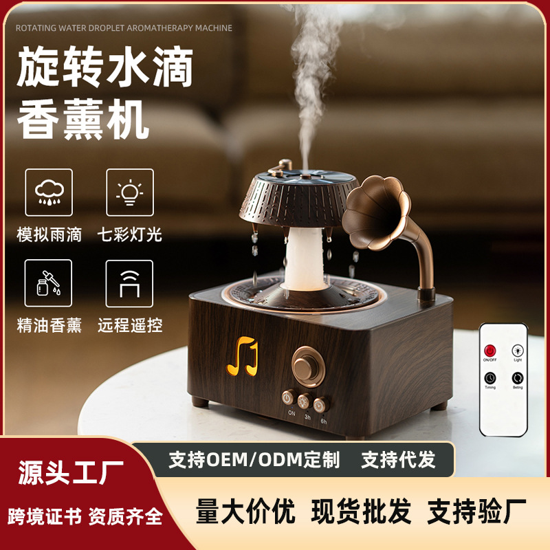 Cross-Border 2025 New Model Rotating Water Drop Aroma Diffuser Bluetooth Speaker Home Desktop Colorful Atmosphere Humidifier Wood Grain